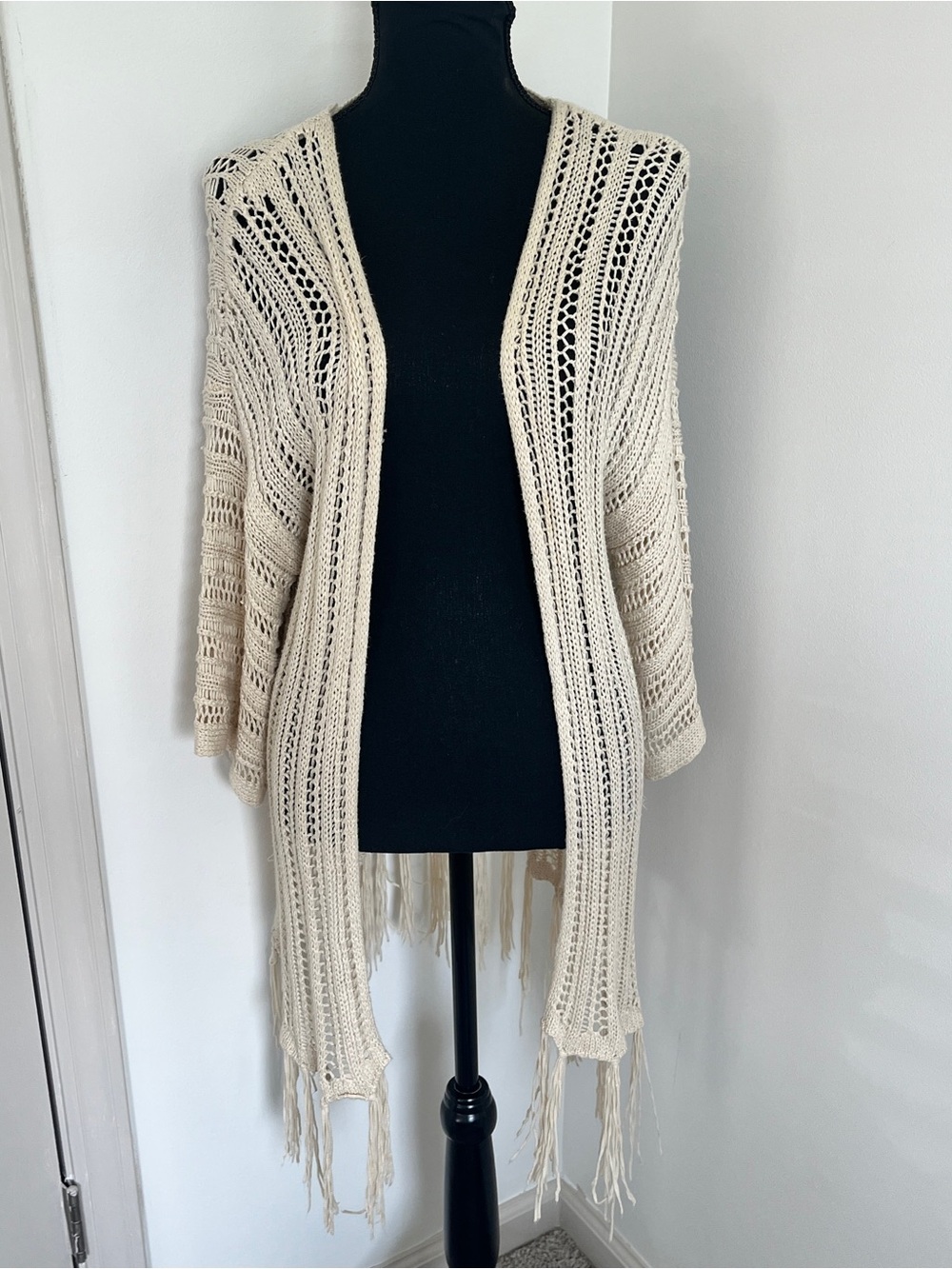 Easel Ivory Open Knit Fringe Cardigan Boho Duster Size S/M